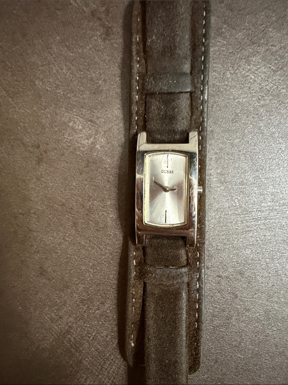 GUESS Silver-Tone Rectangular Dial with Brown Suede Strap Watch needs battery